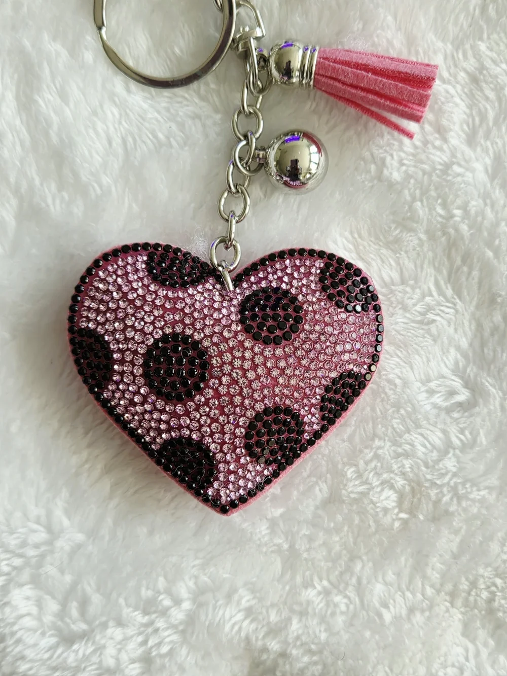 Pink Polka Dot Heart Keychain with Tassel Bling Bag Charm
